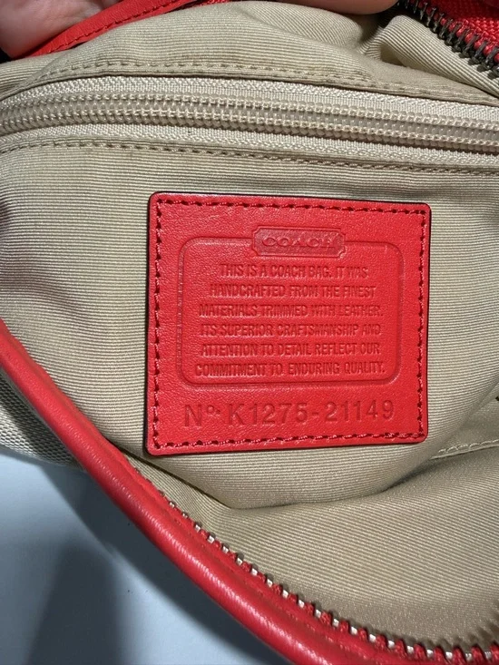 Coach Signature Canvas Red Leather Trim Large Shoulder Bag Hobo Tassel - Picture 10 of 16